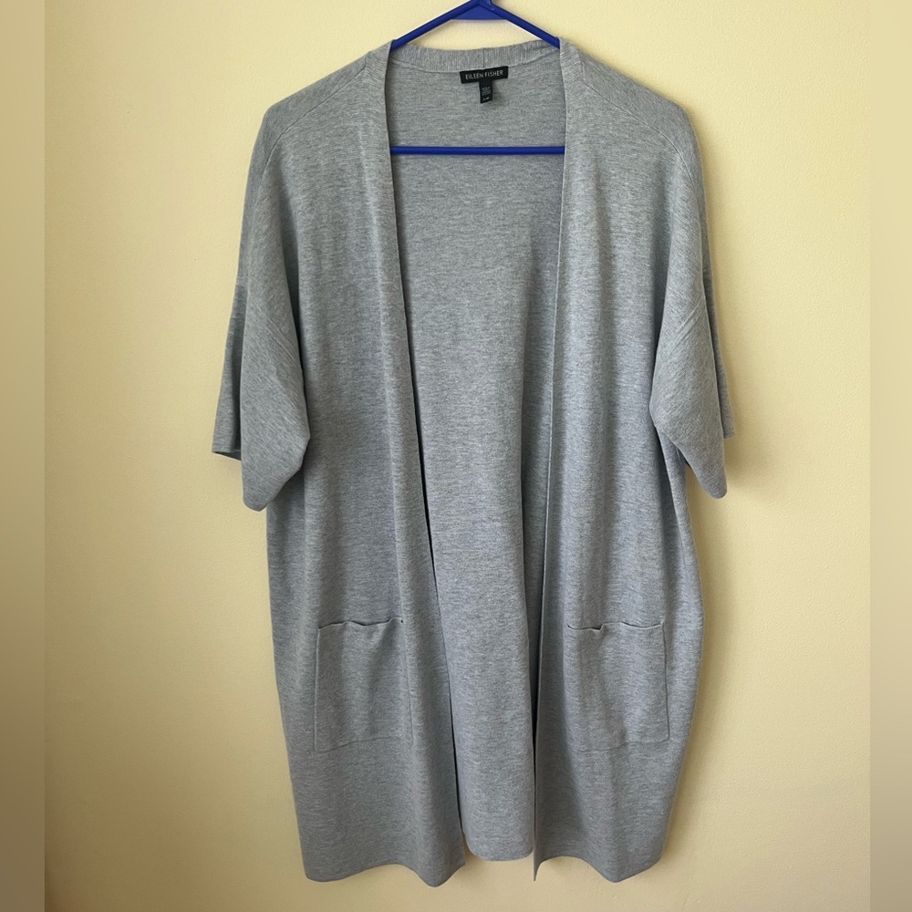 Eileen Fisher organic cotton silk long duster cardigan open front gray large